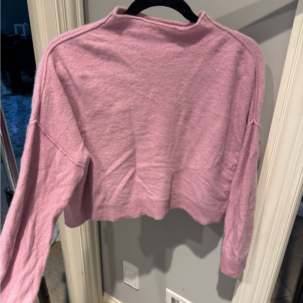 Pilcro Pink Cropped Long Sleeve Mandarin Collar Sweatshirt
